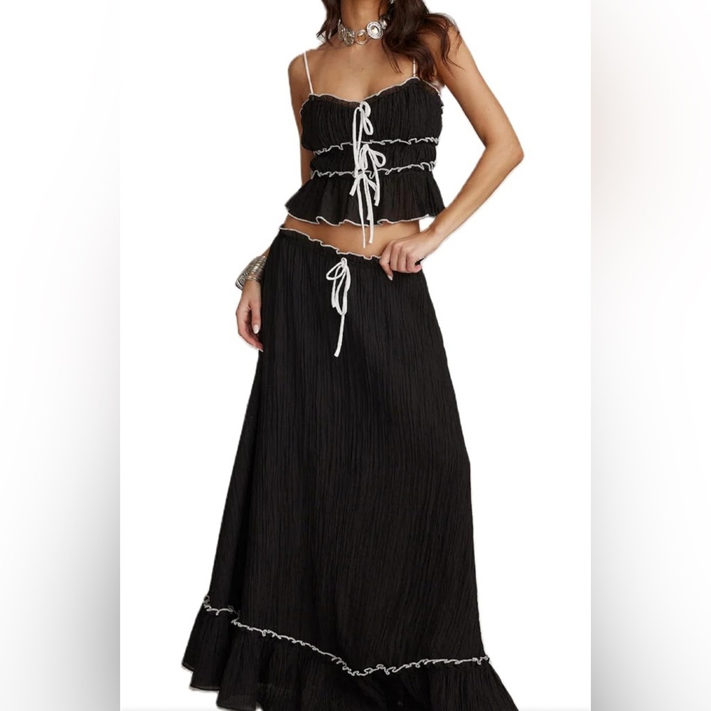 Boho 2 Piece Ruffle Maxi Skirt Set Smocked Tank Top Tiered Flowy Long Skirt Y2k
